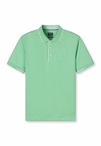 Green polo shirt made of soft fabric, featuring a collar, three-button placket, and contrasting white piping along the collar and sleeves.