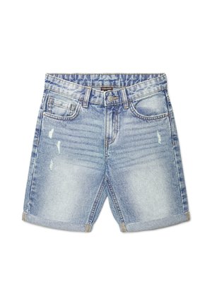 Shorts in denim azzurro chiaro con orli risvoltati, dettagli consumati sul davanti, stile a cinque tasche, chiusura con bottone e passanti per cintura.