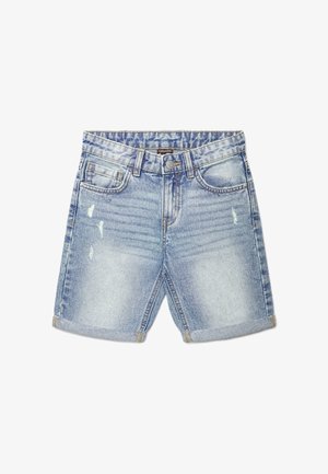 Shorts in denim azzurro chiaro con orli risvoltati, dettagli consumati sul davanti, stile a cinque tasche, chiusura con bottone e passanti per cintura.