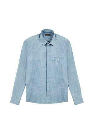 Light blue long-sleeve shirt made of textured fabric, featuring a button-down collar, chest pocket with flap, and standard button cuff.