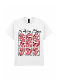 Hvid bomulds t-shirt med et gitter af ni røde læber med tunger, mærket "The Rolling Stones" ovenfor og "The World's Greatest Rock N' Roll Band" nedenfor.
