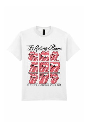 Witte katoenen t-shirt met een raster van negen rode lippen met tongen, met boven de tekst "The Rolling Stones" en onder de tekst "The World's Greatest Rock N' Roll Band".
