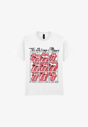 Weißes Baumwoll-T-Shirt mit einem Raster aus neun roten Lippen mit Zungen, darüber steht "The Rolling Stones" und darunter "Die größte Rock 'N' Roll Band der Welt".