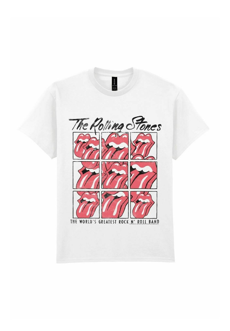 Hvid bomulds t-shirt med et gitter af ni røde læber med tunger, mærket "The Rolling Stones" ovenfor og "The World's Greatest Rock N' Roll Band" nedenfor.