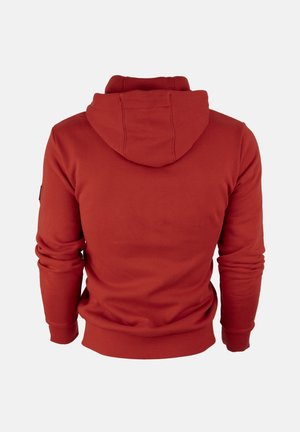 Rode hoodie, katoenmengsel, ribgebreide manchetten en zoom, zachte textuur, met schouderpatchdetail, effen achterkant, geen grafische elementen.