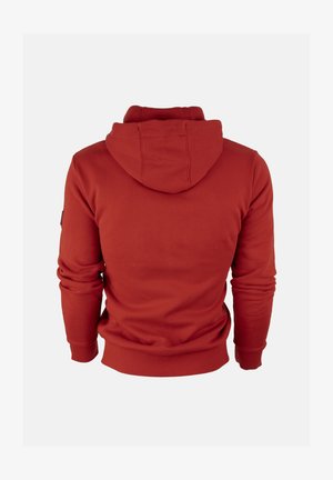Sudadera con capucha roja, mezcla de algodón, puños y dobladillo acanalados, textura suave, incluye detalle de parche en el hombro, parte trasera lisa, sin gráficos.