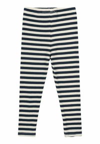 Ribbad leggings med marinblå och krämfärgade horisontella ränder, med en mjuk elastisk midja och ankellång klipp.