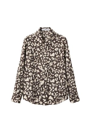 Rjava srajca z dolgimi rokavi z belim abstraktnim vzorcem pik, klasi�čnim ovratnikom in sprednjim delom z gumbi. Gladek tekstura tkanine.