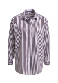 Long-sleeve shirt in white and maroon vertical stripes, featuring a collar, button front, and rounded hem. Made from lightweight fabric.