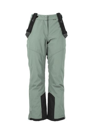 Pantaloni da sci in tessuto verde chiaro con dettagli neri. Presentano bretelle regolabili, due bottoni e un design a gamba dritta con orli rinforzati.