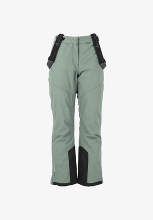 Skihose aus hellgrünem Stoff mit schwarzen Akzenten. Ausgestattet mit verstellbaren Trägern, zwei Knöpfen und einem geraden Bein-Design mit verstärkten Säumen.