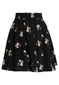 Schwarzer Rock mit Blumendruck, der rosa und grüne Blumen zeigt, mit einem elastischen Bund und weitem Design. Hergestellt aus leichtem Stoff.