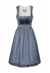 Blauwe dirndl jurk met een getailleerde bodice en een uitlopende rok. De stof combineert gladde en gestructureerde materialen, met een decoratieve riemsluiting.