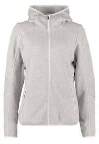 Veste polaire gris clair zippée avec capuche et poches latérales, tissu texturé et manches longues.