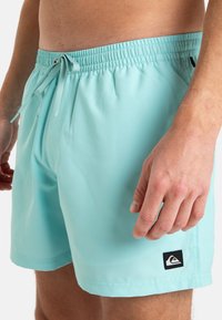 Shorts de bain bleu clair avec une taille élastique et un cordon de serrage, des poches latérales et un petit patch logo noir en bas.