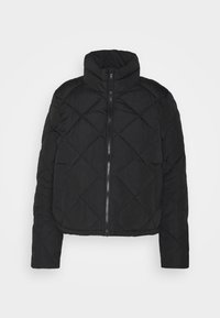 Sort quiltet jakke med høj krave, lynlås lukning og lange ærmer. Har et diamantmønster og en kortet design. Blødt stof tekstur.