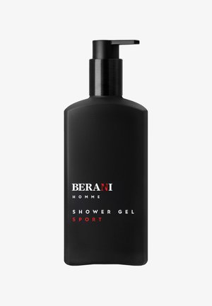 Czarna plastikowa butelka z pompką na żel pod prysznic. Etykieta zawiera napisy "BERANI HOMME", "ŻEL POD PRYSZNIC" oraz "SPORT" w białym i czerwonym kolorze. Gładkie wykończenie.