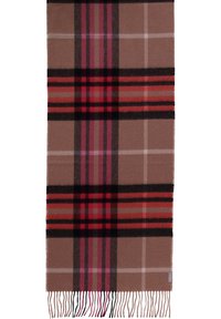 Brown plaid scarf made of soft fabric, featuring black, red, and pink stripes with fringed edges and a subtle checkered pattern.