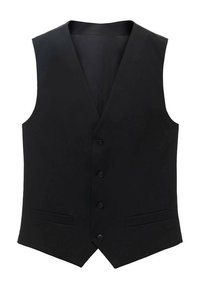 Crna prsluk s elegantnim dizajnom, s dubokim V-izrezom, pet dugmadi i dva bočna džepa. Napravljen od glatke tkanine.