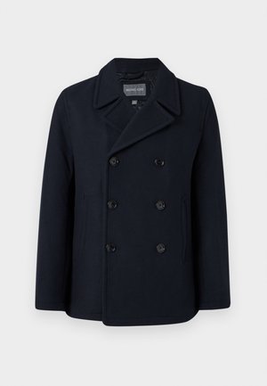 Peacoat em mistura de lã azul-marinho com fecho de botão duplo, colarinho com notches, bolsos laterais e textura suave. Interior forrado.