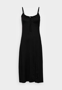 Vestido negro sin mangas con tirantes ajustables, detalle de cordón en el escote y abertura lateral. Hecho de una tela suave y ligera.