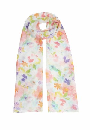 Leichter, transparenter Schal mit pastellfarbenem Aquarell-Blumenmuster in Rosa-, Orange-, Gelb-, Grün-, Blau- und Lilatönen, oben mit einer Schlaufe gefaltet.