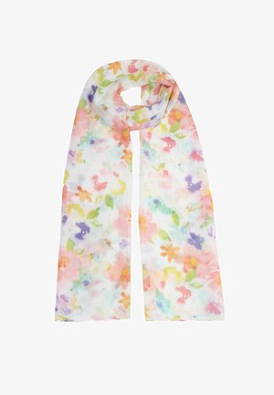 Light, sheer scarf with pastel watercolor floral pattern in pink, orange, yellow, green, blue, and purple tones, folded with a loop at the top.