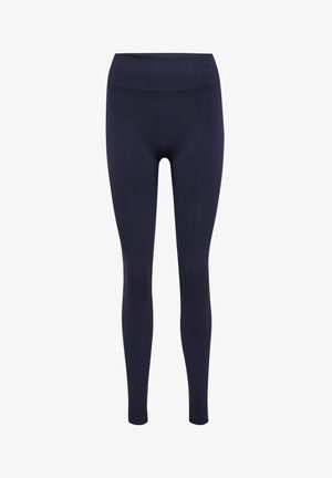 Marineblauwe leggings van rekbare stof met een geribbelde tailleband en een gladde textuur. Volledige lengte zonder zichtbare patronen of accenten.