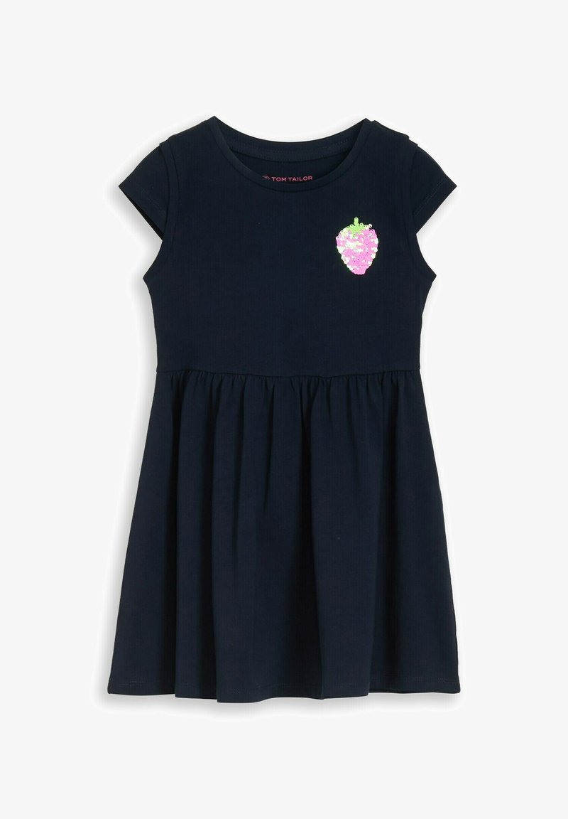 Robe à manches courtes bleu marine avec taille froncée et petit détail fraise en sequins roses et verts sur la poitrine.