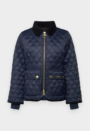 Navy quilted jacket with a corduroy collar, front zipper, two snap-button pockets, and ribbed cuffs. Features gold hardware accents.