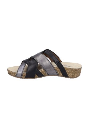 Zwarte en metallic grijze slide-sandalen met kruislings leren bandjes, een gevoerd voetbed en een gestructureerde natuurlijke kurken zool.