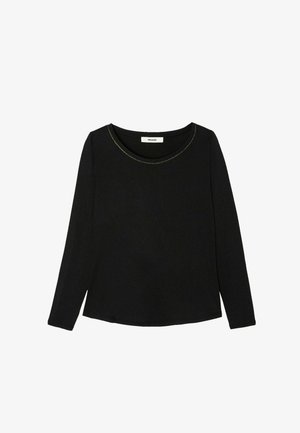 Haut noir à manches longues avec un col rond et des coutures dorées le long du col. Fabriqué en tissu doux avec une texture lisse.