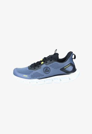 Blau und schwarze Sportschuhe mit einem atmungsaktiven Obermaterial, Netzakzenten, weißer gepolsterter Sohle sowie neongelben Schnürsenkeln und Details.
