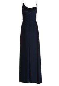 Robe longue bleu marine avec fines bretelles, corsage ajusté et jupe fluide. Fabriquée en tissu lisse avec une fermeture éclair sur le côté.