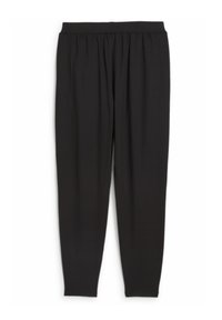 Pantalons noirs légers avec une taille élastique et une conception de jambe fuselée. Présentent une texture lisse et sans motifs ni éléments métalliques visibles.