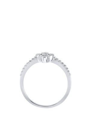 Slim silver ring with small diamonds along band and cluster of diamonds set in flower-shaped center on top.