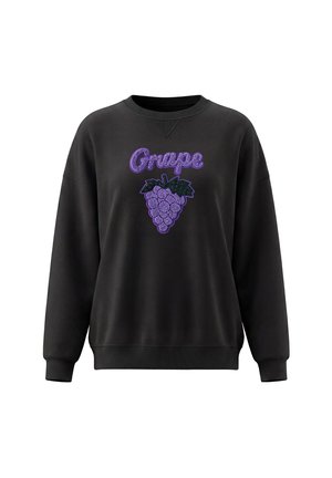Czarna bluza z długim rękawem z fioletowym błyszczącym gronem winogron i słowem "Grape" w pasującym fioletowym tekście z przodu.