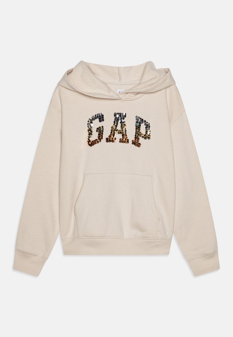 Beige mikina s kapucí, na přední straně s nápisem "GAP" vyšitým barevnými flitry, má přední kapsu a stahovací kapuci. Měkká látka a volný střih.