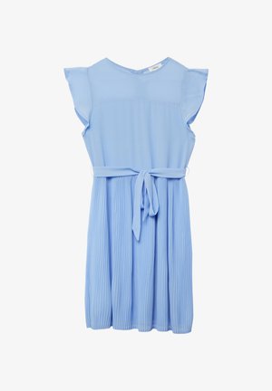 Jasnoniebieska sukienka z krótkim rękawem wykonana z miękkiego materiału, z plisowaną spódnicą, dopasowaną talią z paskiem do wiązania i okrągłym dekoltem.