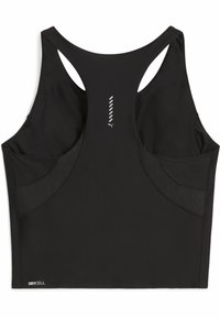 Sujetador deportivo negro con diseño de espalda nadadora, hecho de tejido que absorbe la humedad. Presenta paneles de malla y un logo reflectante en la parte media de la espalda.