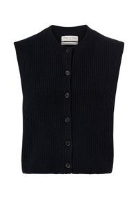 Ciemnogranatowy bezrękawnik o prążkowanej fakturze, z okr�ągłym dekoltem, zapięciem na guziki oraz sześcioma ciemnymi guzikami z przodu.