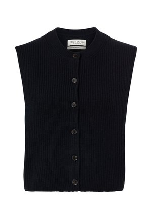 Ciemnogranatowy bezrękawnik o prążkowanej fakturze, z okrągłym dekoltem, zapięciem na guziki oraz sześcioma ciemnymi guzikami z przodu.