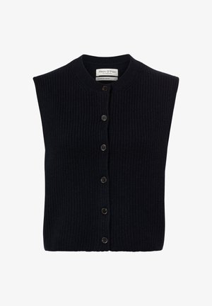 Dunkelmarineblauer ärmelloser Cardigan mit geripptem Muster, rundem Ausschnitt, Knopfverschluss und sechs dunklen Knöpfen auf der Vorderseite.