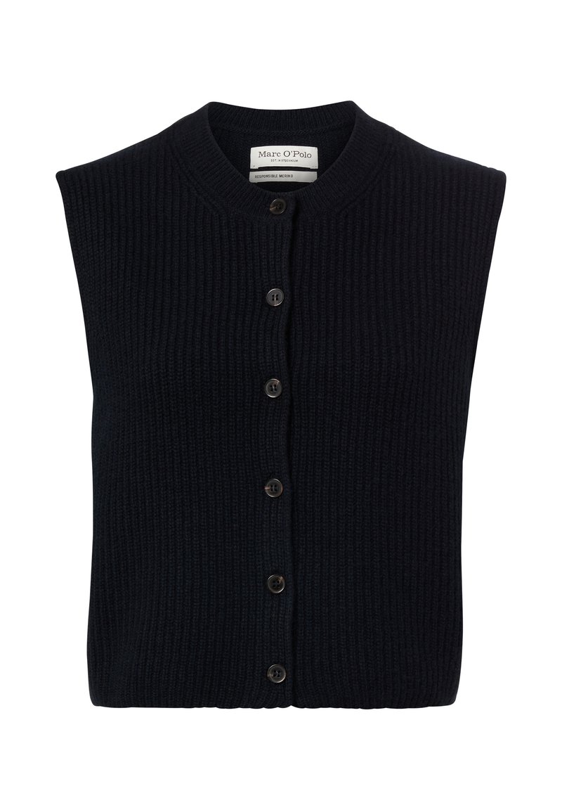 Ciemnogranatowy bezrękawnik o prążkowanej fakturze, z okrągłym dekoltem, zapięciem na guziki oraz sześcioma ciemnymi guzikami z przodu.