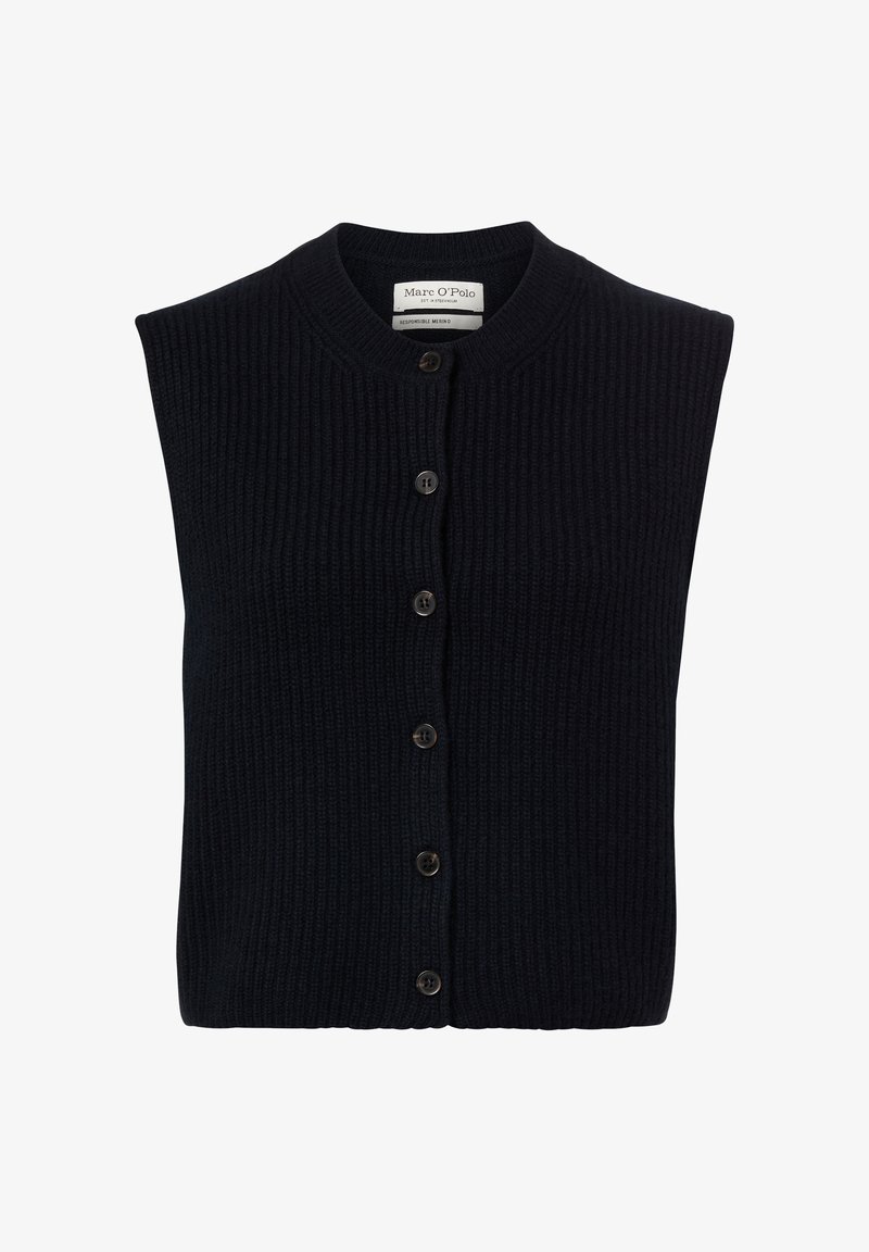 Dunkelmarineblauer ärmelloser Cardigan mit geripptem Muster, rundem Ausschnitt, Knopfverschluss und sechs dunklen Knöpfen auf der Vorderseite.