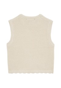 Gilet lavorato a maglia color crema con orlo a scallop, design senza maniche e costine texturizzate. Presenta una scollatura tonda e aperture per le braccia.