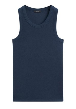 Marineblaues ärmelloses geripptes Tanktop mit rundem Ausschnitt, geradem Saum und einem Etikett an der Innenseite des Kragens.