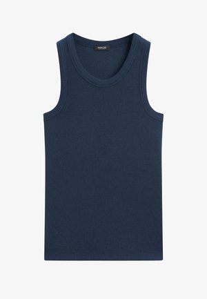 Débardeur côtelé bleu marine sans manches avec encolure ronde, ourlet droit et étiquette à l'intérieur du col.