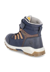 Bota de senderismo navy hecha de material sintético con acentos en beige, un collar acolchado y una suela de goma resistente para agarre. Cuenta con un sistema de cordones.
