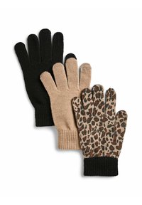 Tre paia di guanti: uno nero solido, uno beige chiaro e uno con stampa animale in tonalità marroni e beige. Tutti presentano polsini a coste e cinque dita.